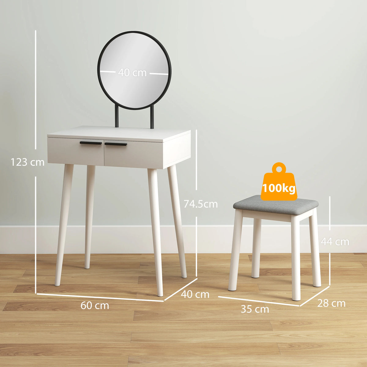 Dressing Table Vanity Set with Large Round Mirror 2 Sliding Drawers and Padded Stool Particleboard White