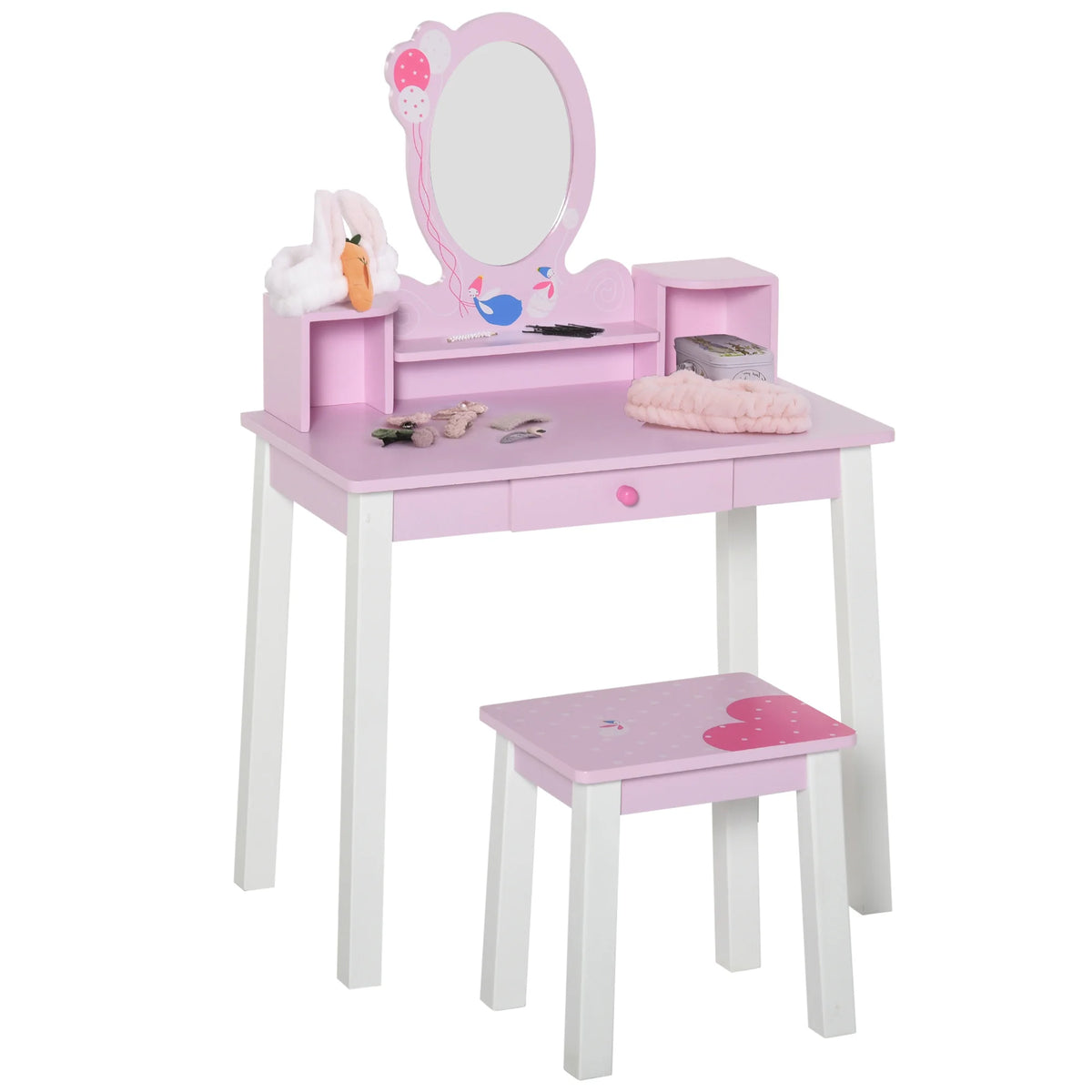 Kids Wooden Dressing Table and Stool with Mirror Pine Wood and MDF Toddler Vanity Set Pink and White