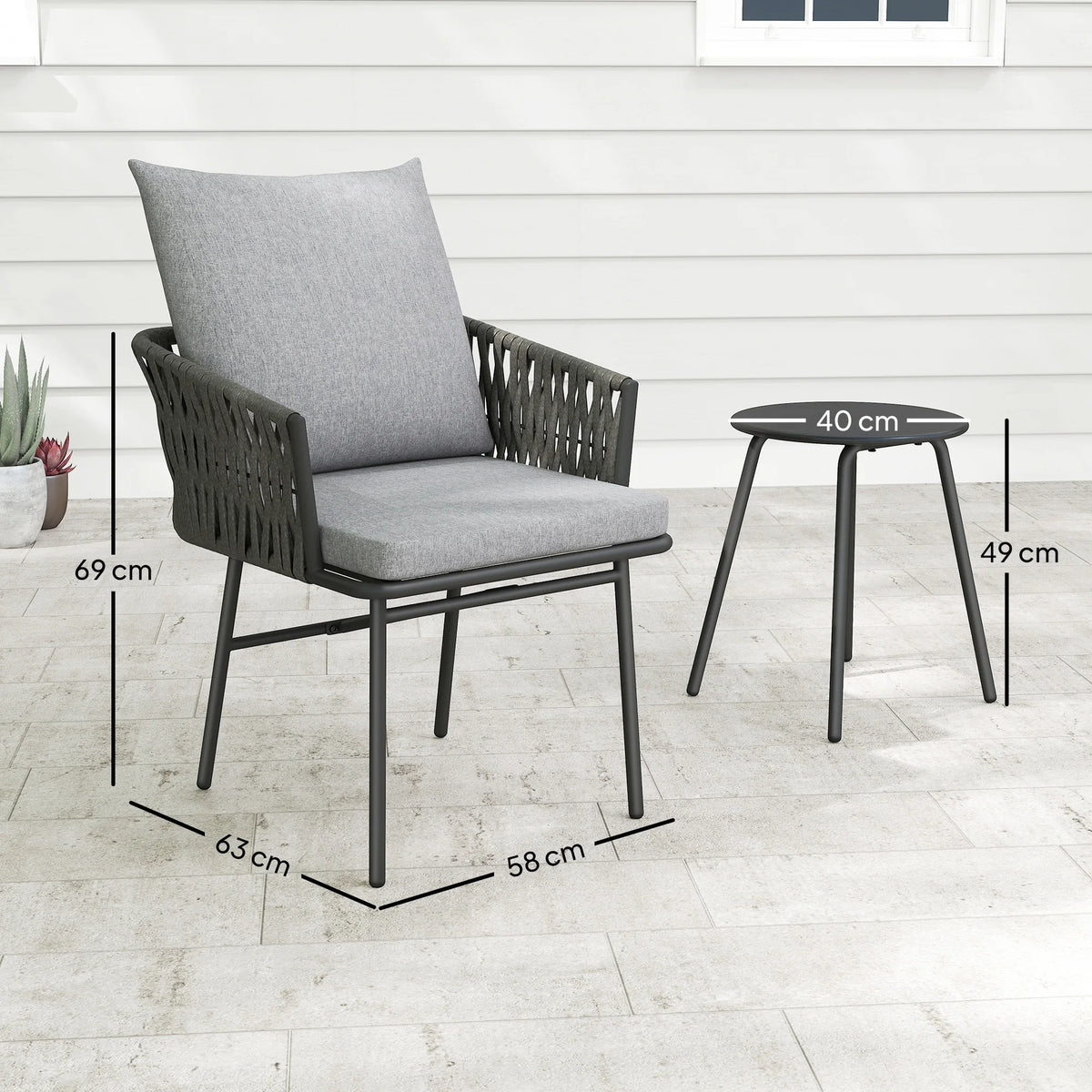 3 Piece Rattan Bistro Set with 4 Cushions, Garden Table and 2 Chairs, Grey