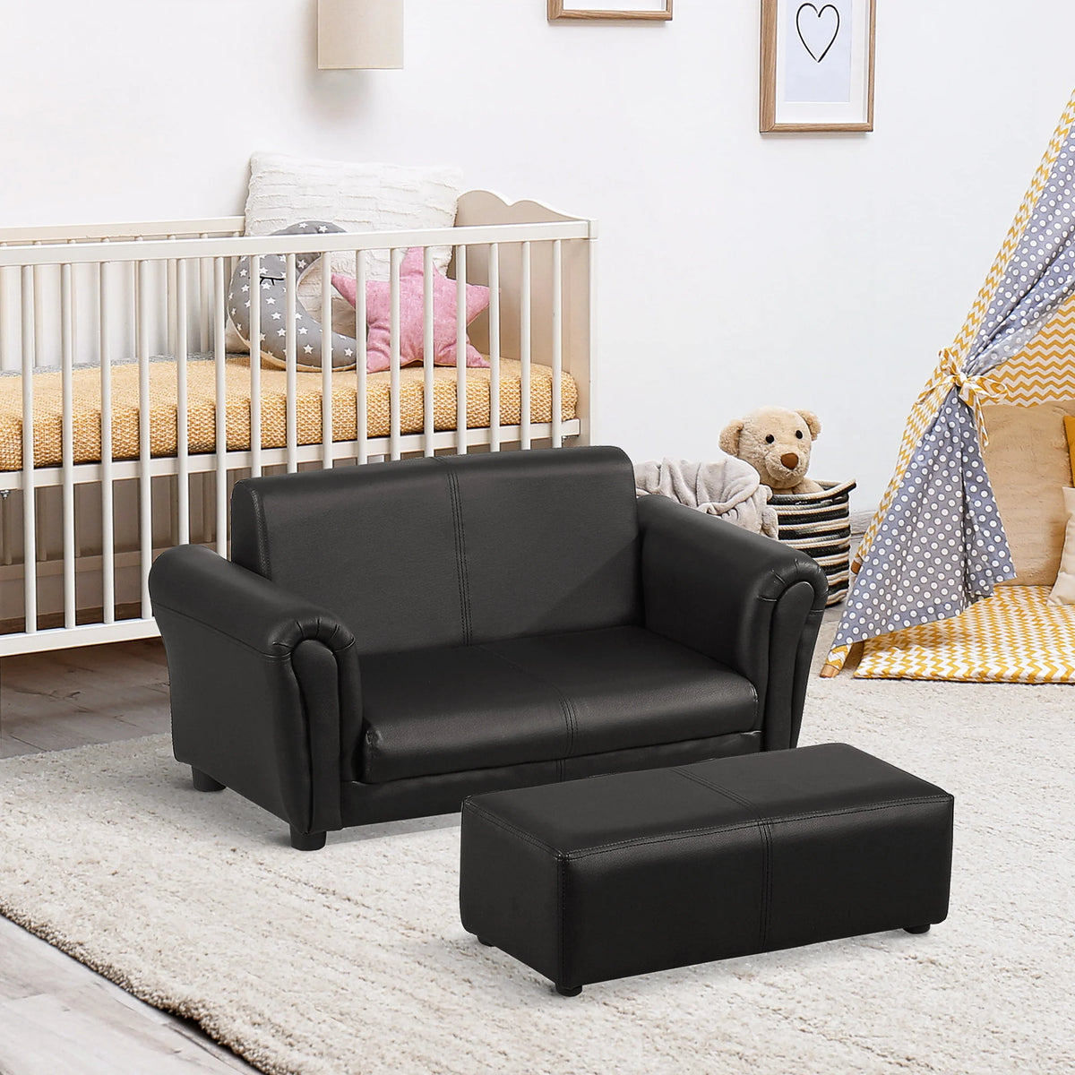 Kids 2 Seater Sofa with Footstool Toddler Twin Chair with Armrests Solid Wood 60kg for Ages 18-36 Months