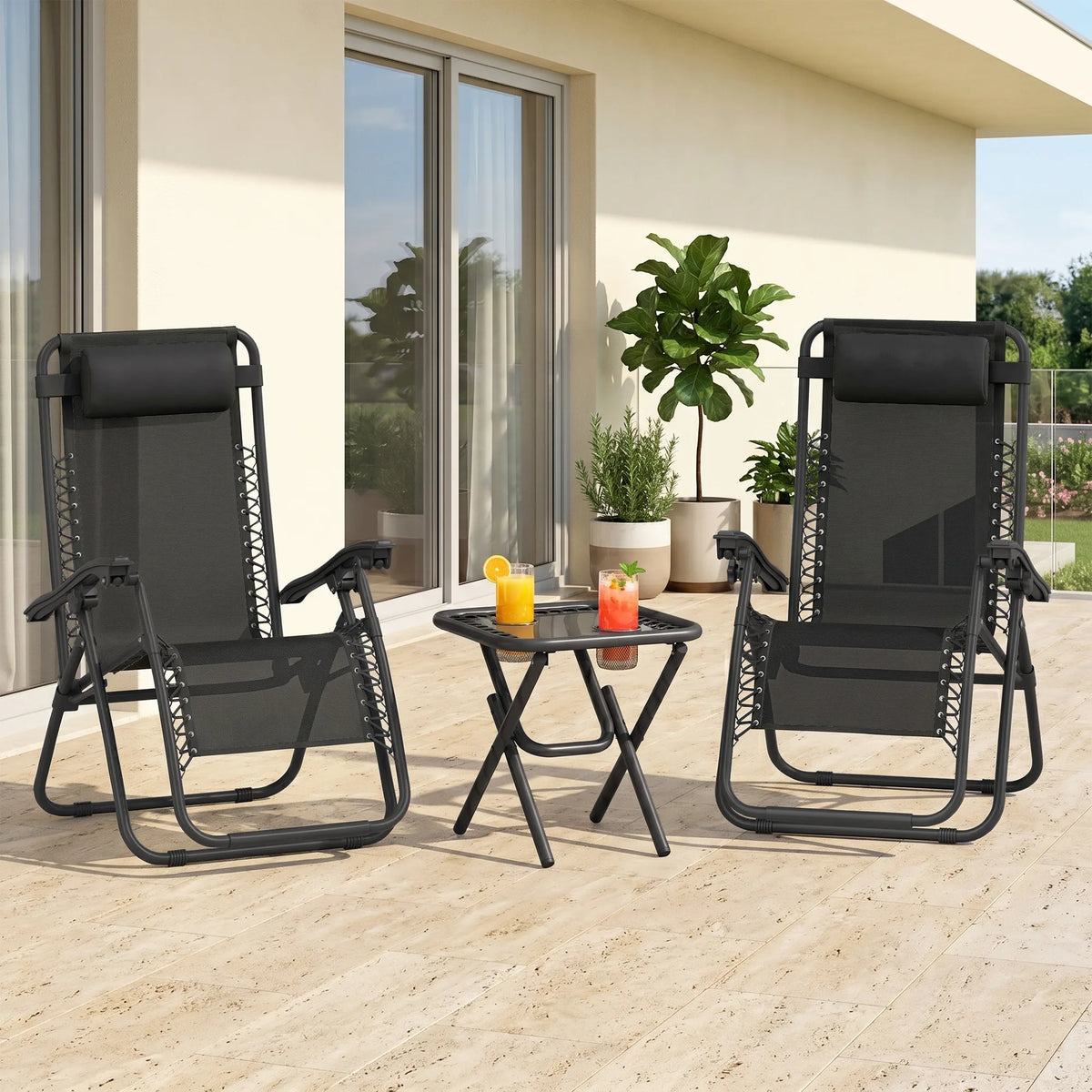 3pcs Folding Zero Gravity Chairs Sun Lounger Table Set w/ Cup Holders Reclining Garden Yard Pool, Black