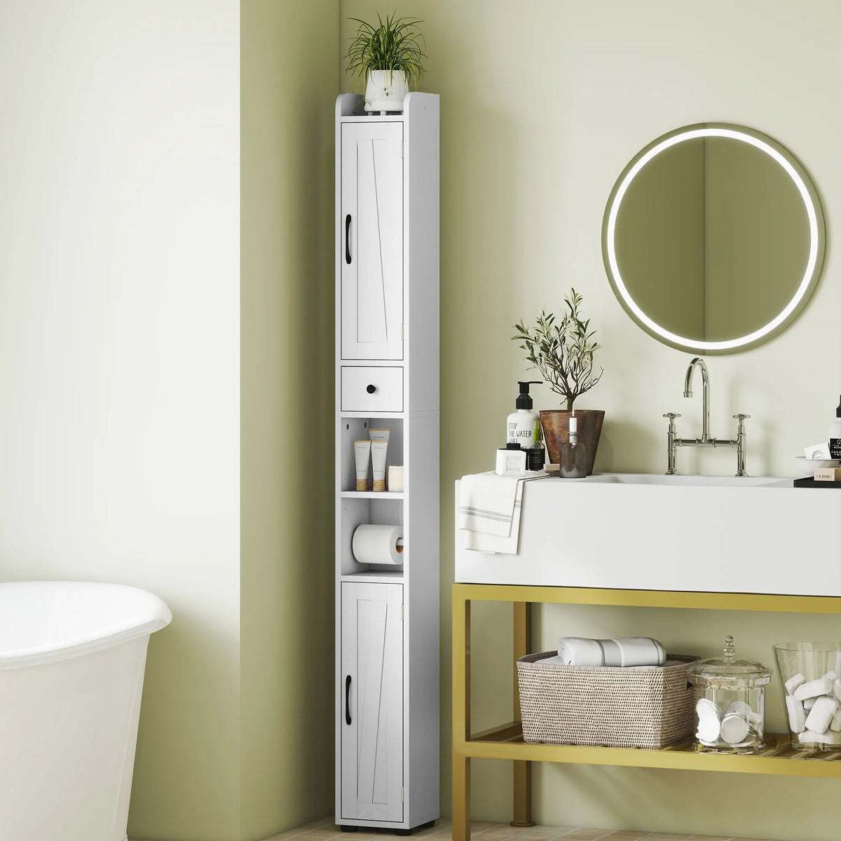 Tall Slim Bathroom Storage Cabinet with Toilet Roll Holder, White
