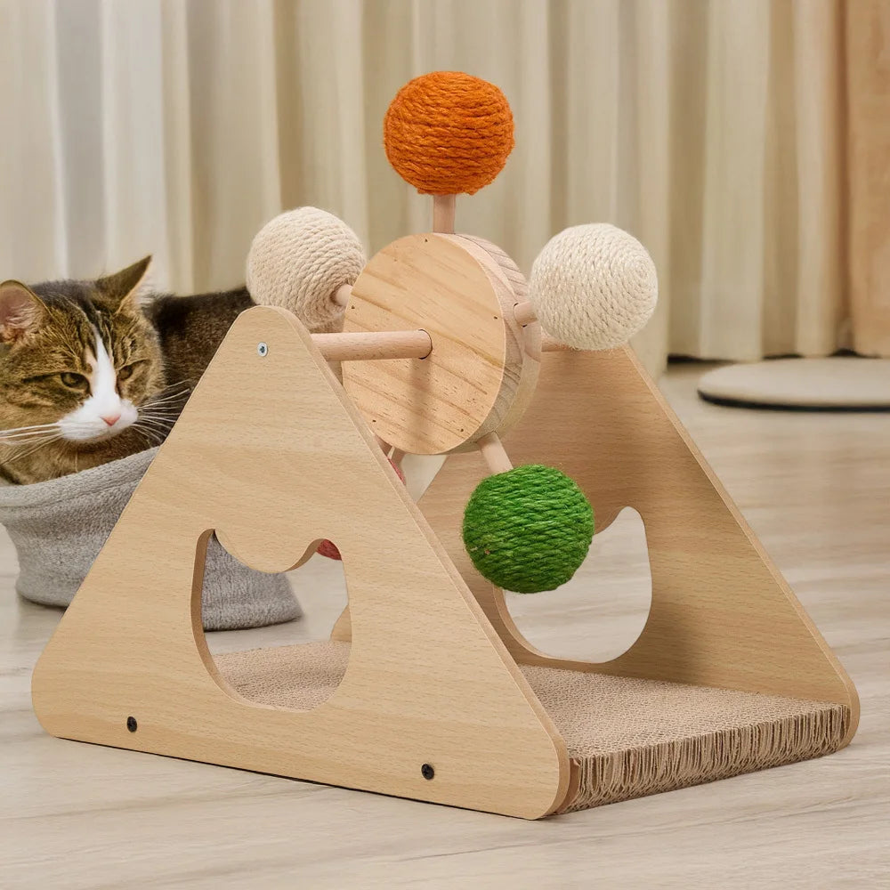 Wooden Ferris Wheel Cat Scratching Post with Rotating Sisal Balls and Scratcher Base Interactive Cat Toy