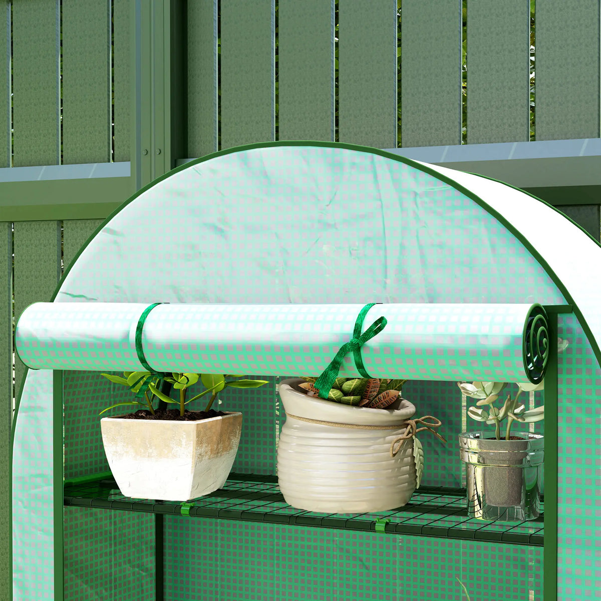 4 Tier Mini Greenhouse with Reinforced PE Cover, Roll-Up Door, Green