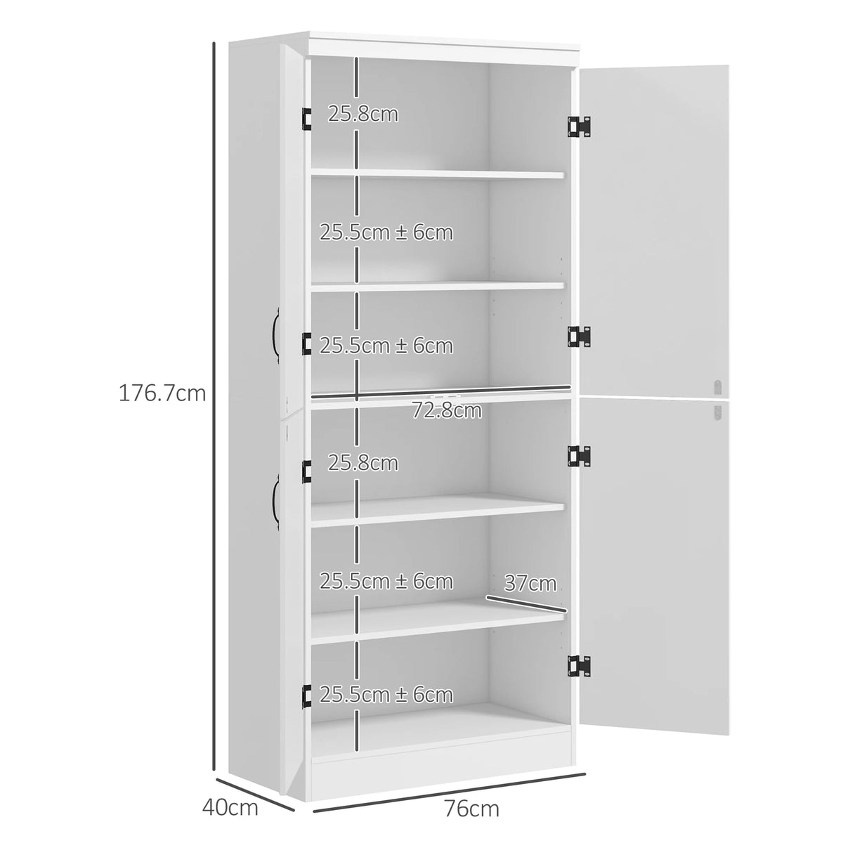 Kitchen Storage Cupboard with 4 Doors and Adjustable Shelves, 76 x 40 x 176.7 cm, White