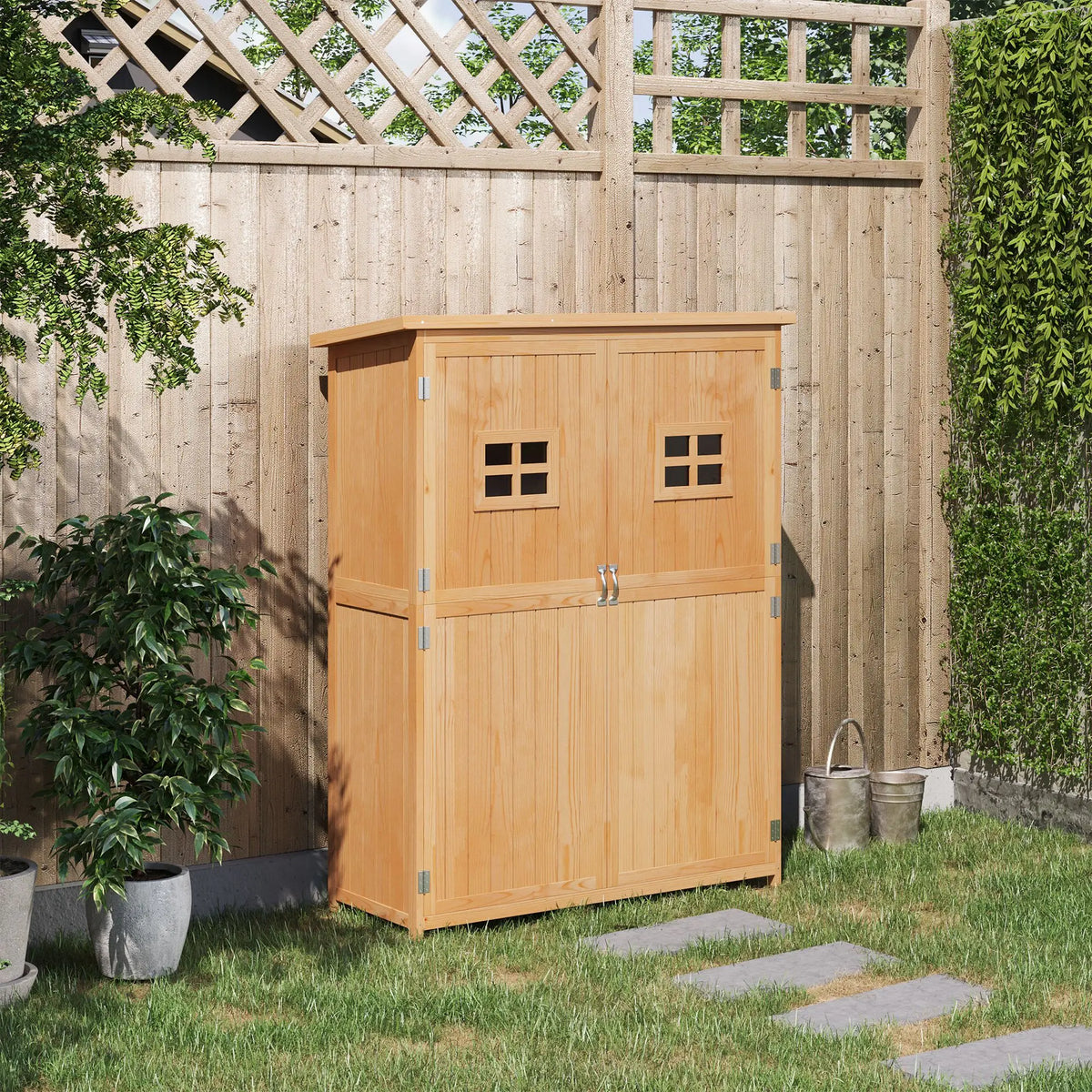Wooden Garden Storage Shed with Double Doors and Three Shelves, 127.5 x 50 x 164cm