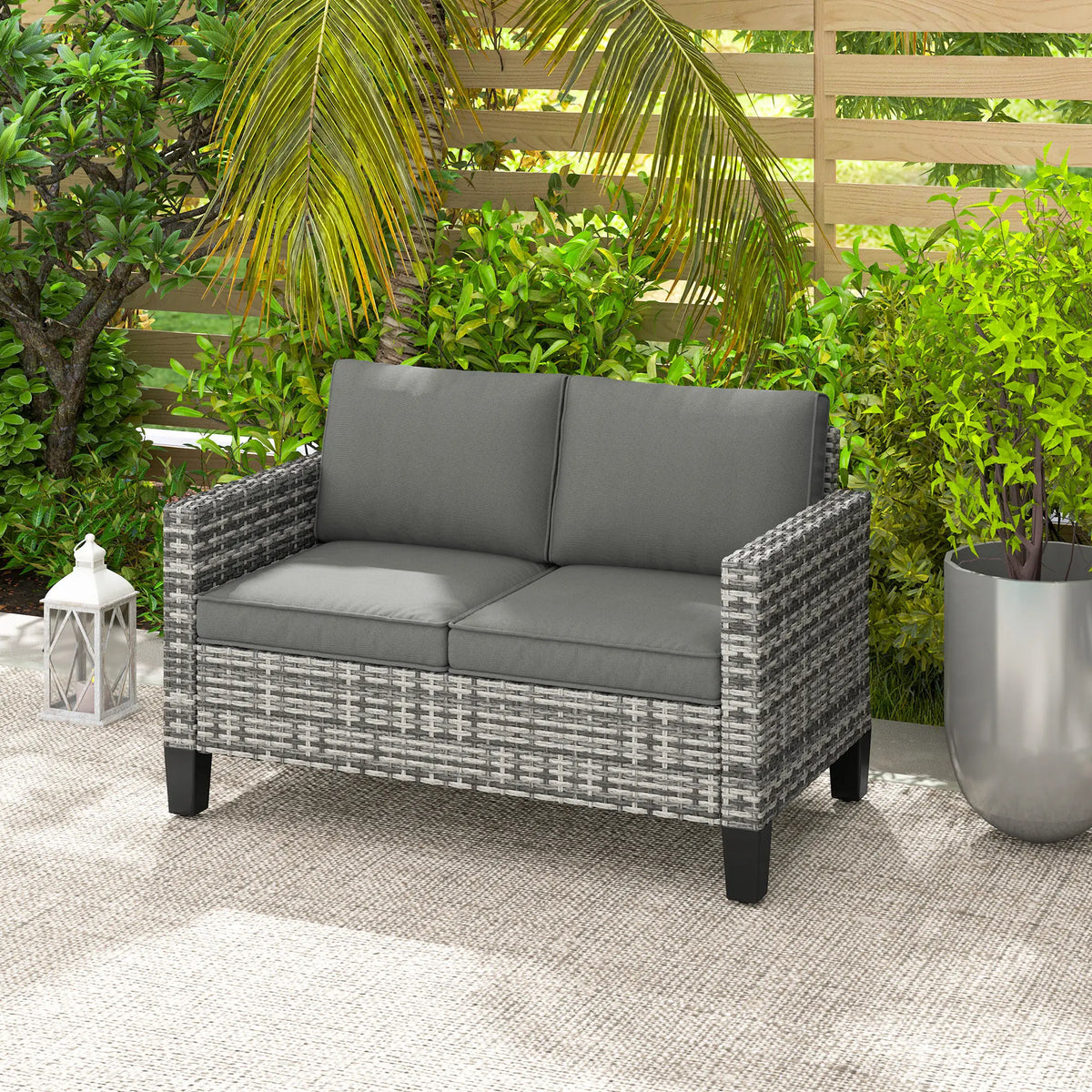 2 Seater Rattan Garden Sofa with Cushions, Wicker Loveseat with Armrests