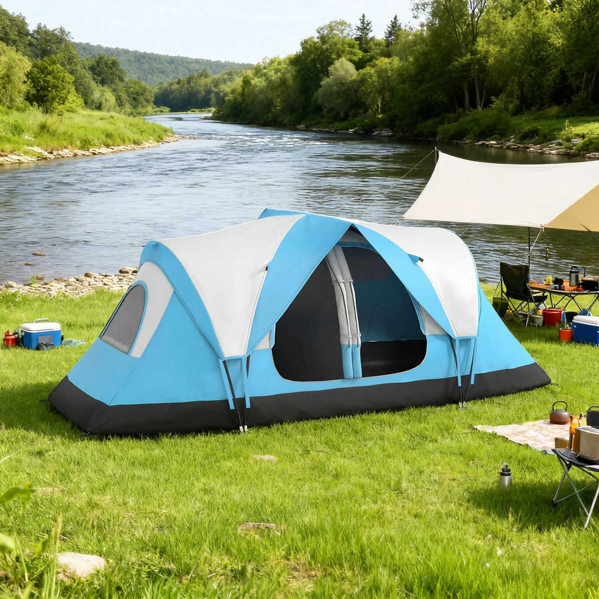 2 Room Tunnel Camping Tent with Removable Divider and 2000mm Rainfly, Sky Blue