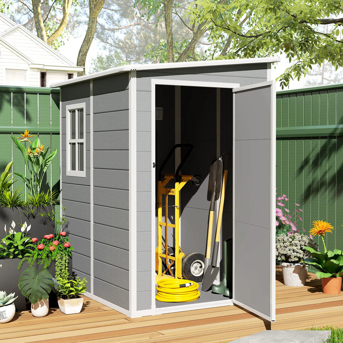 4 x 5ft Lean-To Garden Shed with Window, Vent and Lock, Grey