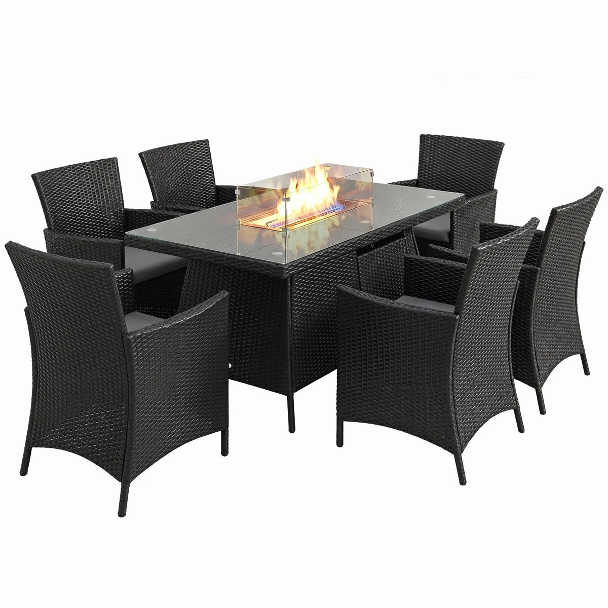 7 PCs PE Rattan Dining Set with Fire Pit Table and Cushioned Armchairs, Black