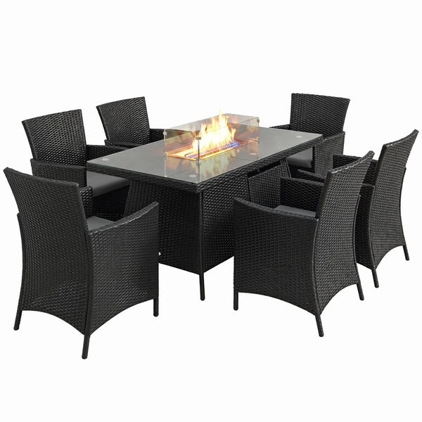 7 PCs PE Rattan Dining Set with Fire Pit Table and Cushioned Armchairs, Black
