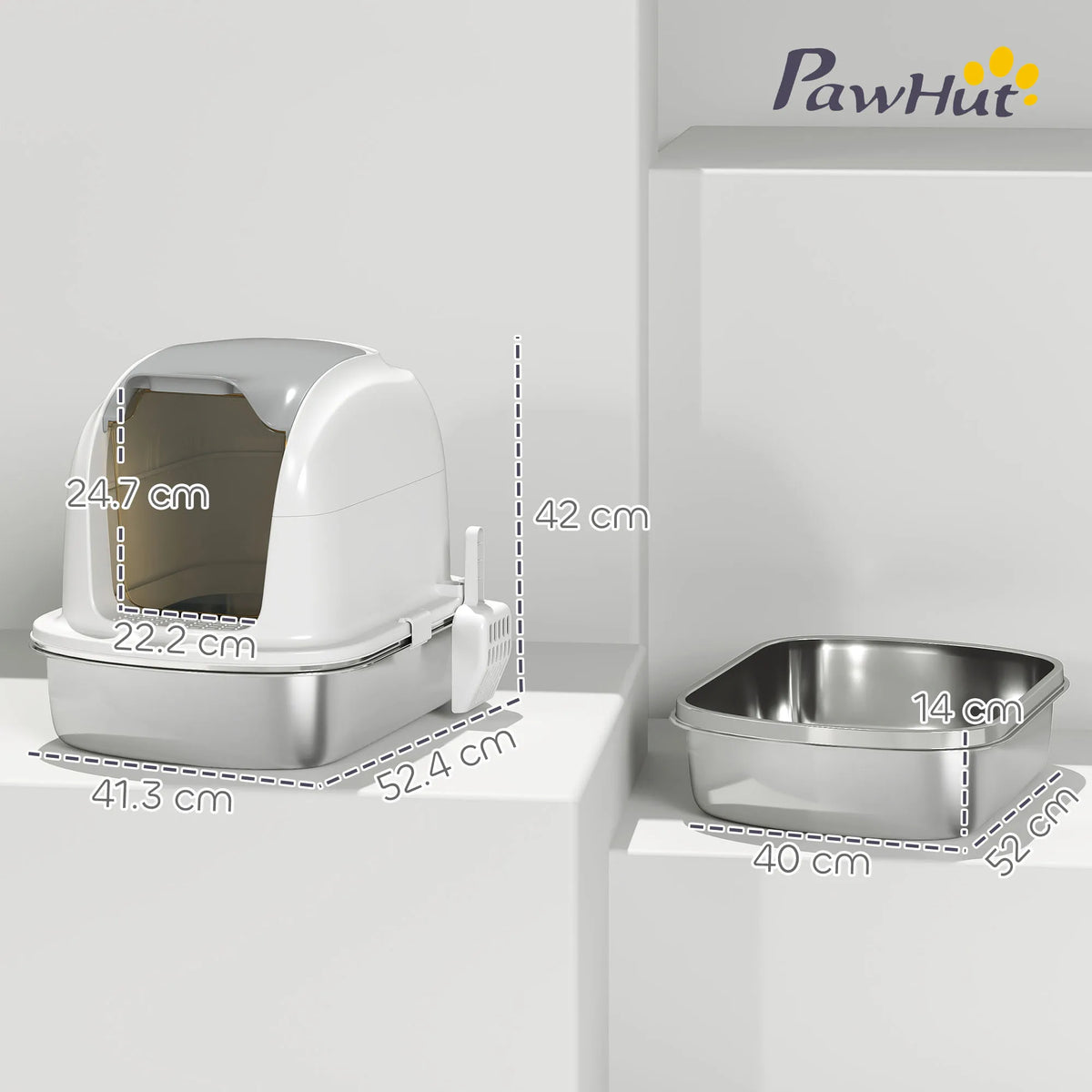 Stainless Steel Cat Litter Tray with Lift-Up Lid, White & Silver