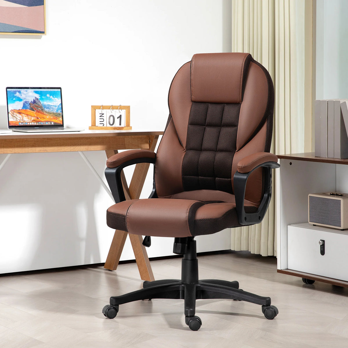 Executive Office Chair High Back with Mesh Back Panel Tilt Function 48-58cm Height 120kg PU Castors Brown