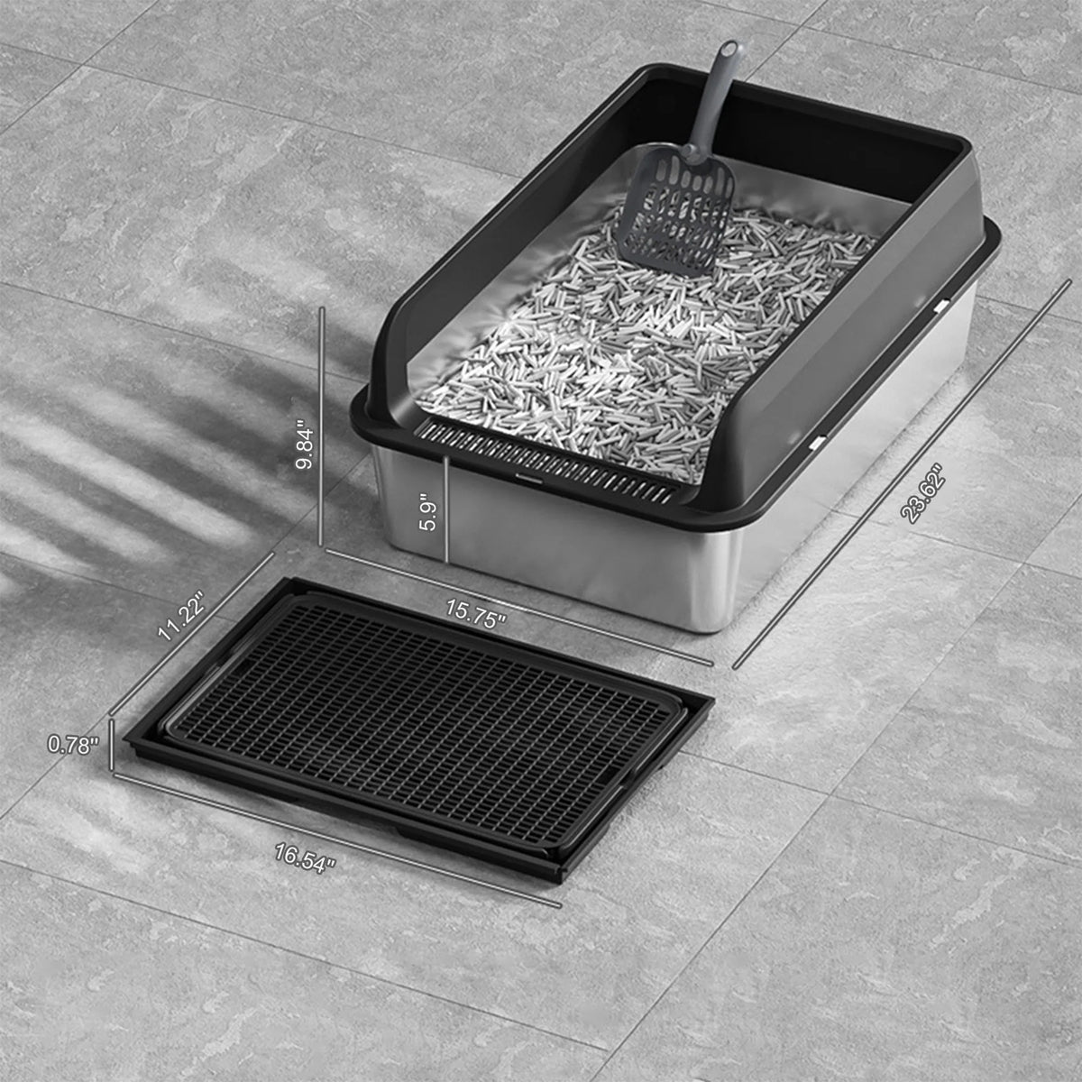 Stainless Steel Cat Litter Box with Lid High Sides 15.75x11.81in Double Layer Mat Non-Stick for Big Cats
