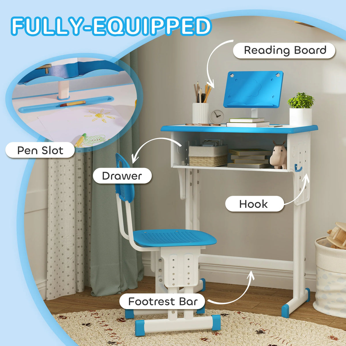 Kids Height Adjustable Desk and Chair Set with Drawer and Book Stand, Blue