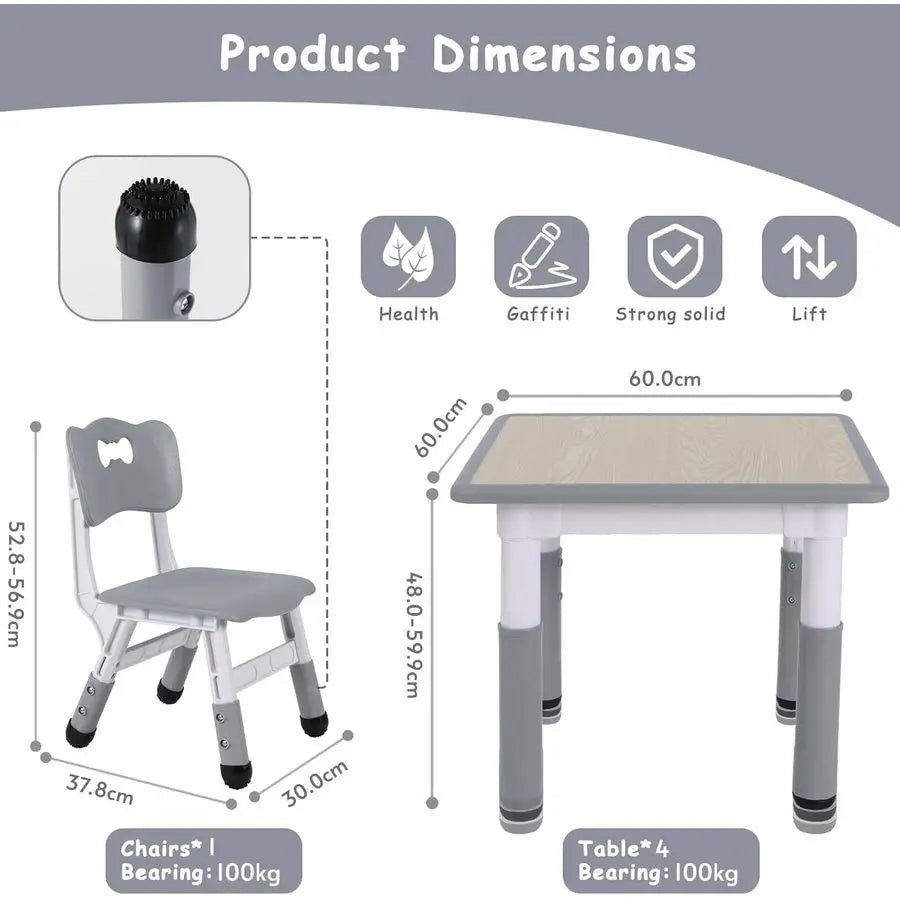 Kids Table and 2 Chairs Set Adjustable Height Children Study Play Set