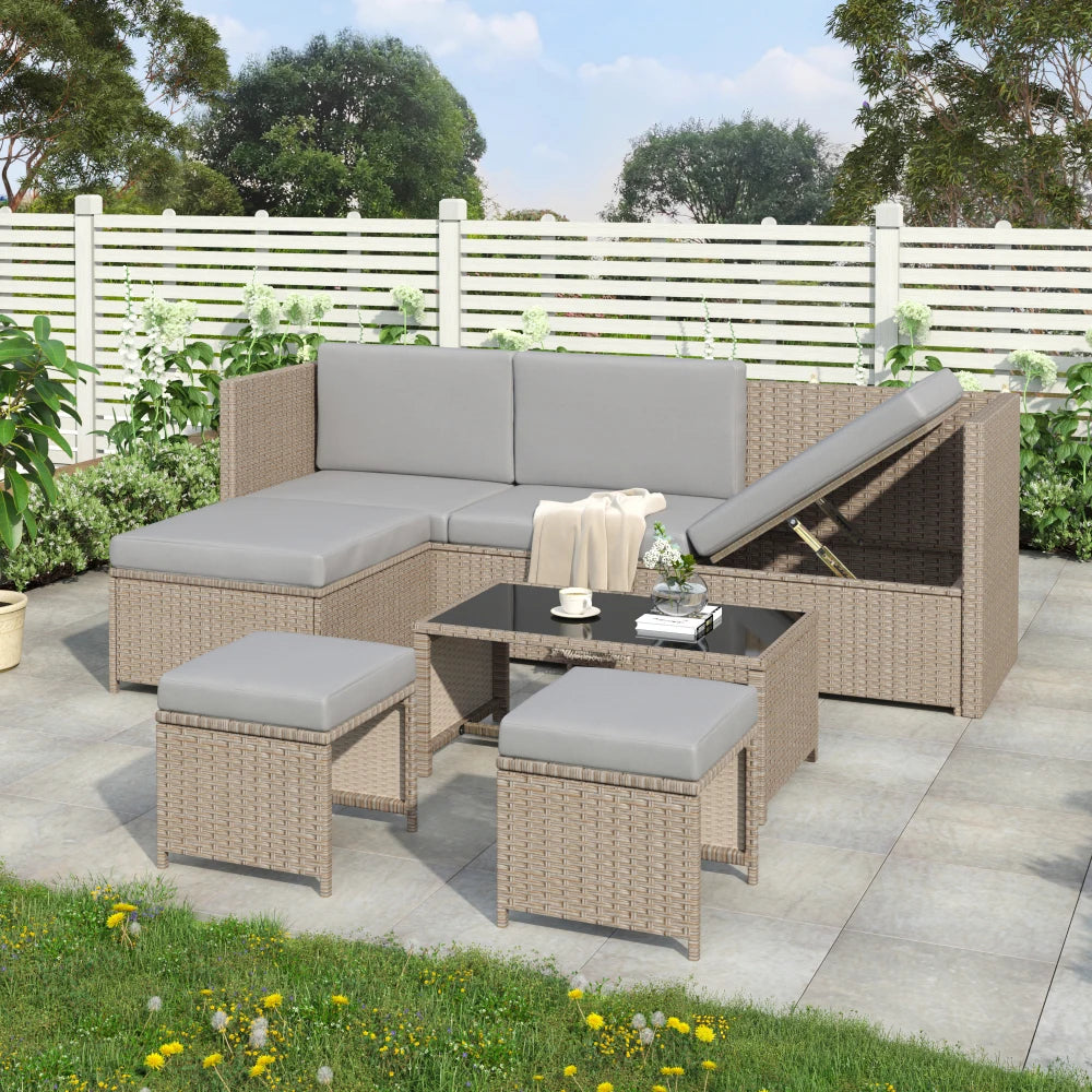 4-6 Seater Rattan Garden Lounge Set with Coffee Table, Khaki