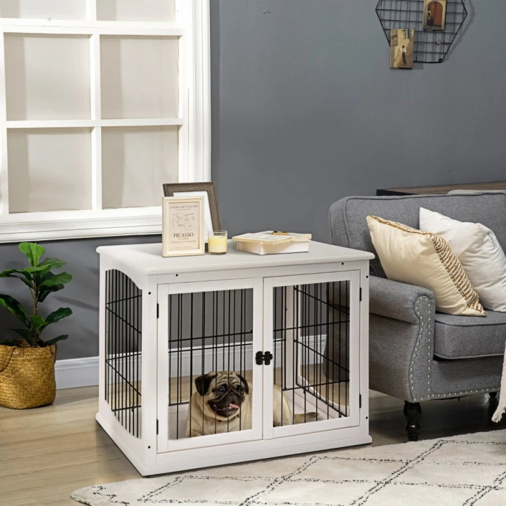 Dog Crate Furniture Puppy End Table 81x58.5x66cm White with 2 Doors for Medium Small Dogs