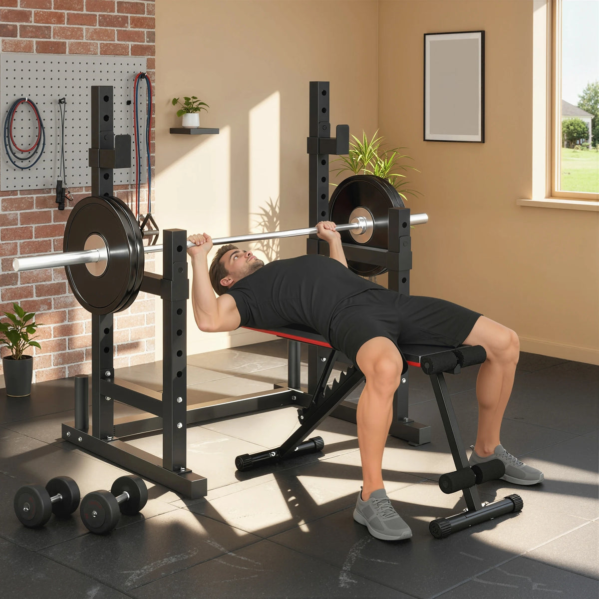Adjustable Squat Rack with Safety Spotters and Plate Storage, 300kg Max Load, Black