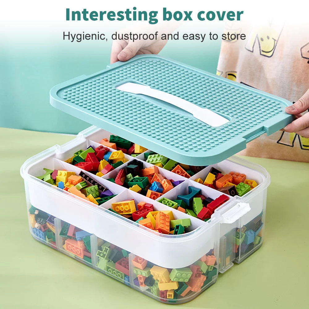 3 Tier Stackable Lego Storage Organiser with Building Plate Lids 8 Grid Compartments Kids Toy Box
