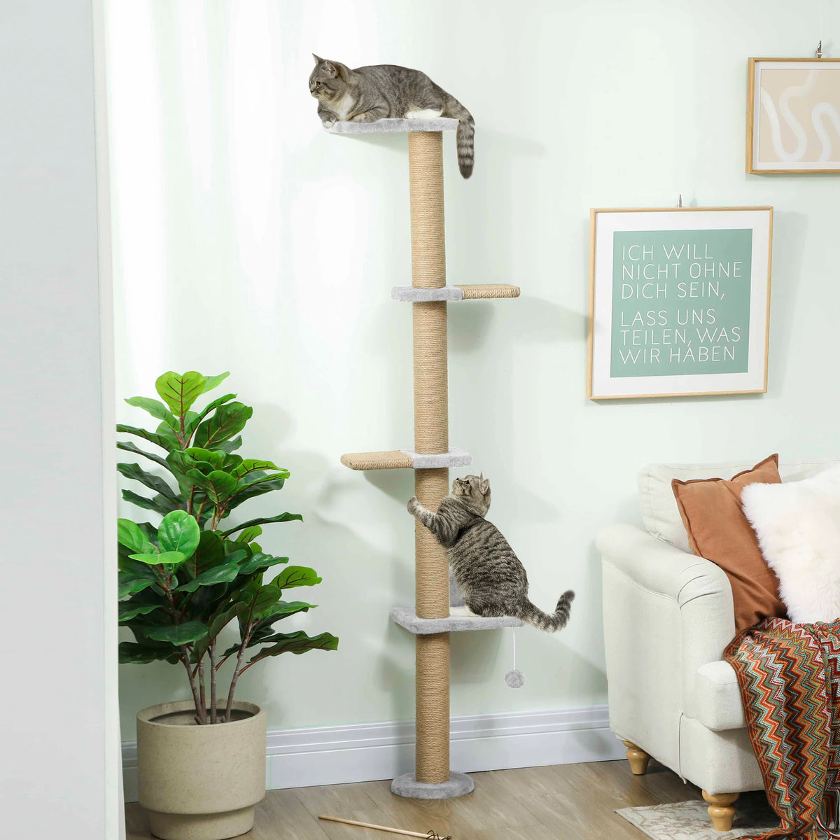 Wall Mounted Cat Shelves 48x21x180cm with 5 Climbing Platforms Sisal Scratching Post and Toy Light Grey
