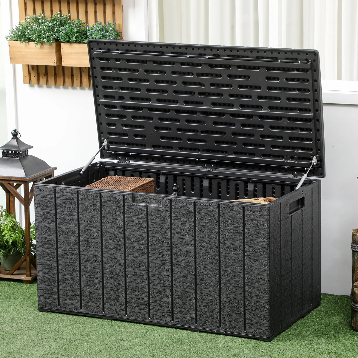 366L Garden Storage Box with Wheels and Handles, Outdoor Deck Box, 122.4 x 62 x 64.5 cm, Black