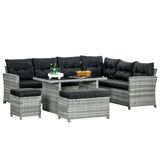 5-Piece PE Rattan Corner Garden Sofa Set with Glass Coffee Table, Stools and Cushions