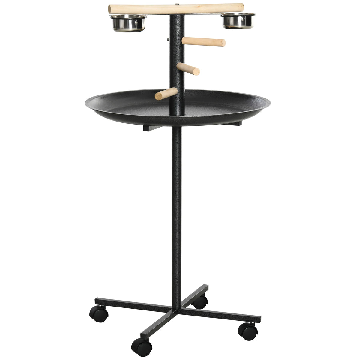 Metal Bird Feeding Station Play Stand with Wheels 2 Stainless Steel Bowls and Catch Tray 111cm Grey