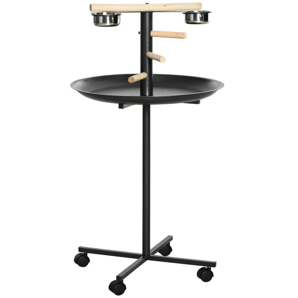 Metal Bird Feeding Station Play Stand with Wheels 2 Stainless Steel Bowls and Catch Tray 111cm Grey