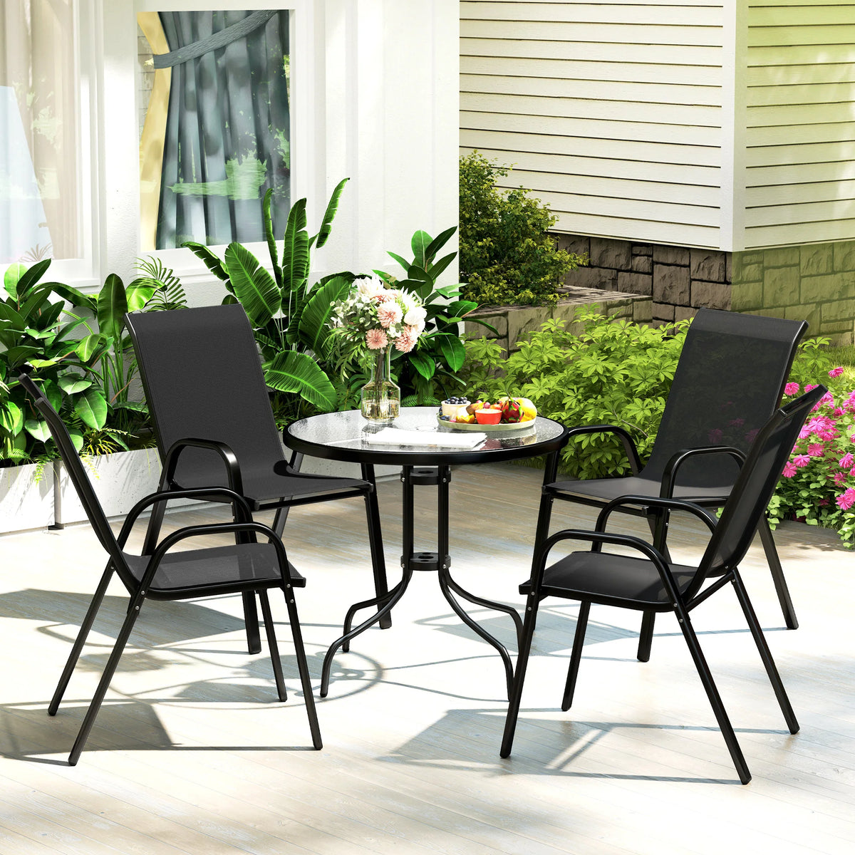 5 Pieces Garden Table and Chairs, 4 Seater Garden Furniture Set with High Back Stackable Chairs and Glass Top Table