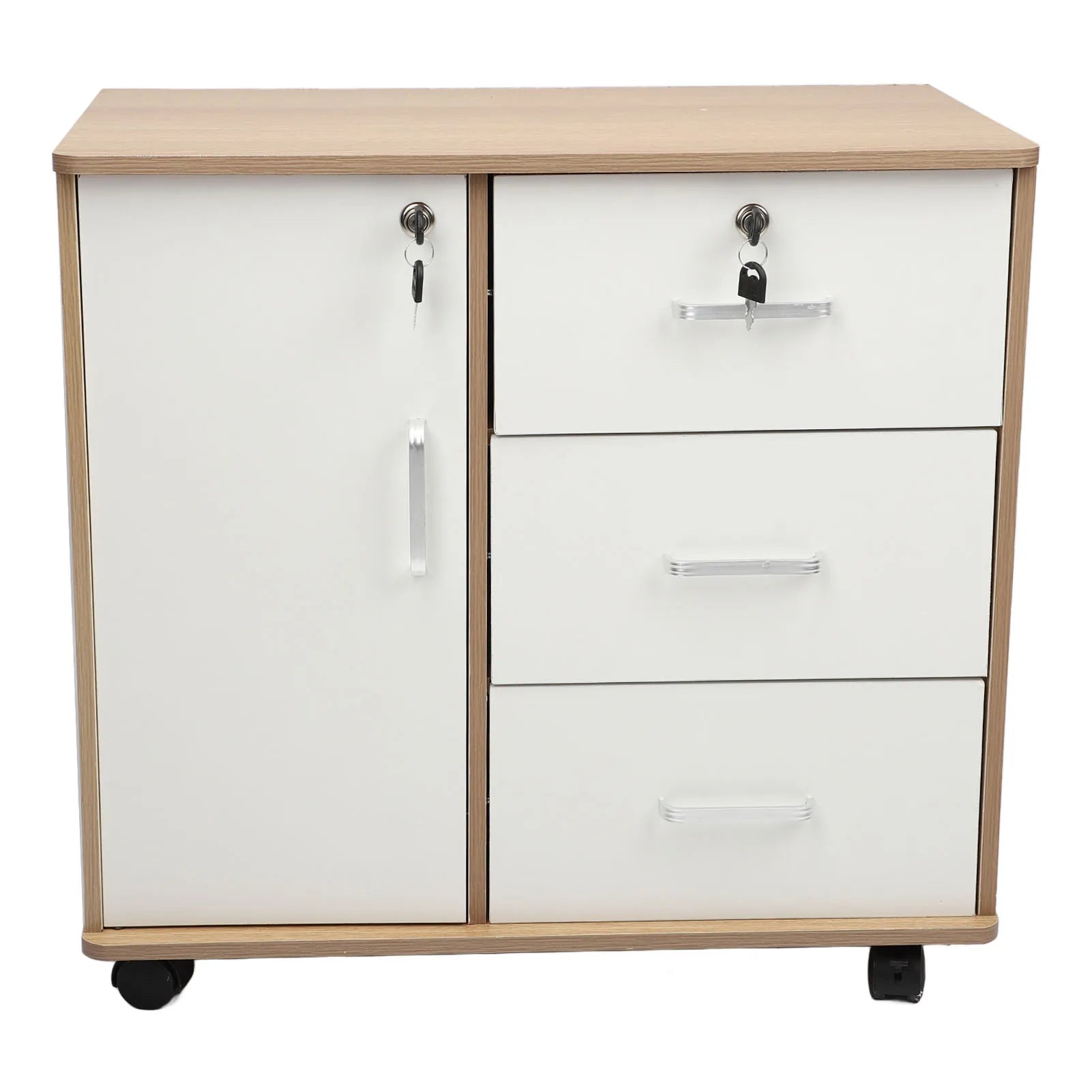 Bedside Storage Cabinet with Lock and Wheels 60x36x58cm Drawer Unit for Bedroom Office Files Documents White