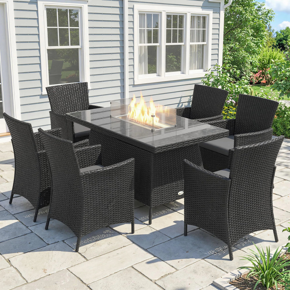 7 PCs PE Rattan Dining Set with Fire Pit Table and Cushioned Armchairs, Black