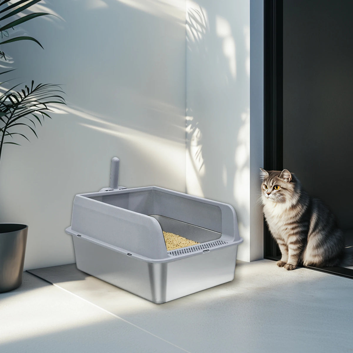 Stainless Steel Large Cat Litter Box Semi-Closed 60x40x27.7cm Odor Proof Scoop Small Medium Kittens