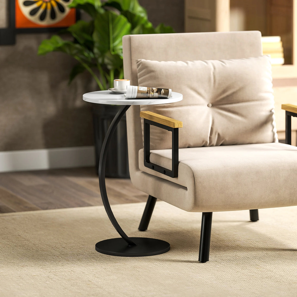 C-Shaped Round Side Table with Marble-Effect Top, White
