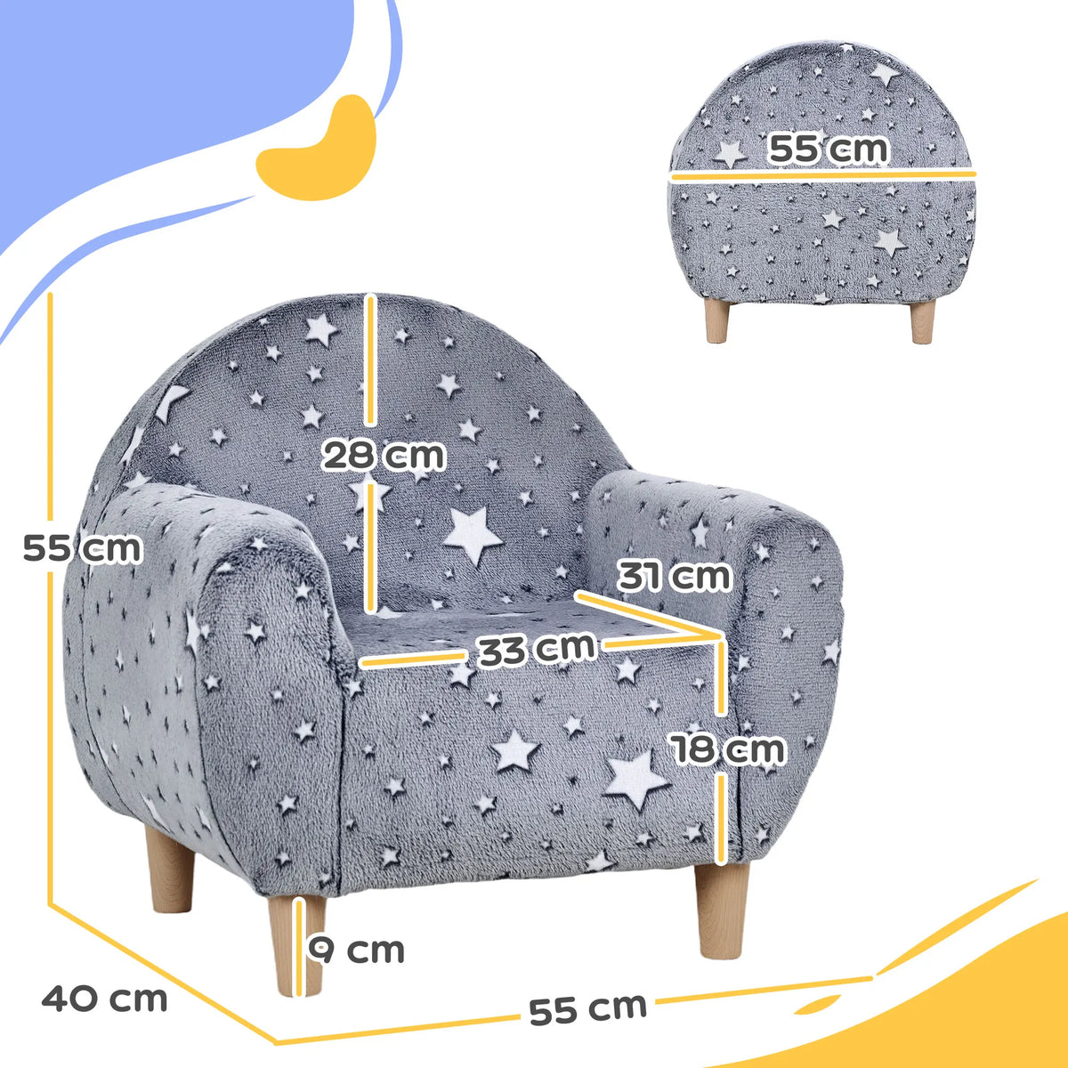 Kids Armchair with Glow in the Dark Star Pattern High Density Foam Soft Fabric Wide Armrests for Bedroom