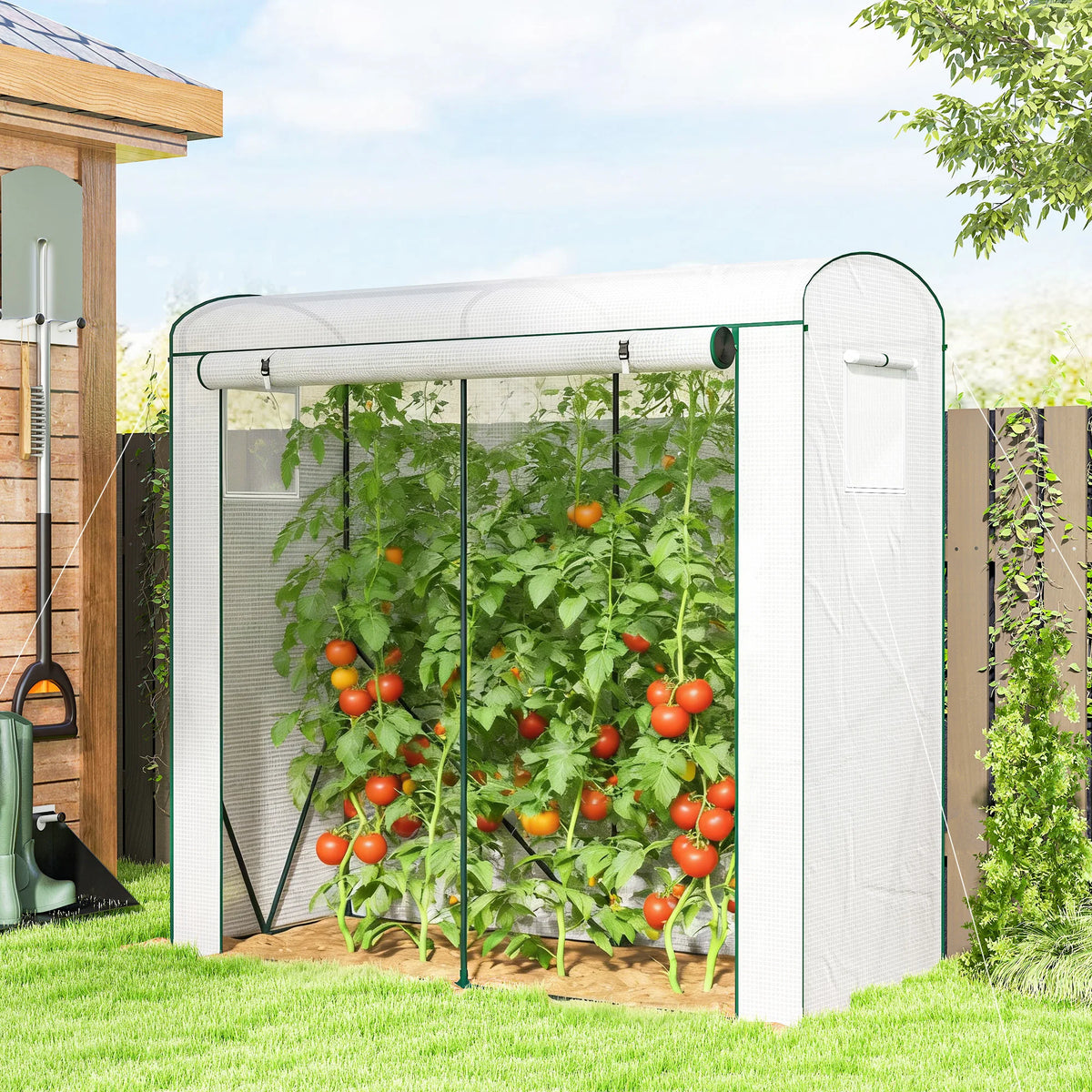 Portable Tomato Greenhouse with Roll-Up Door and Mesh Windows, White