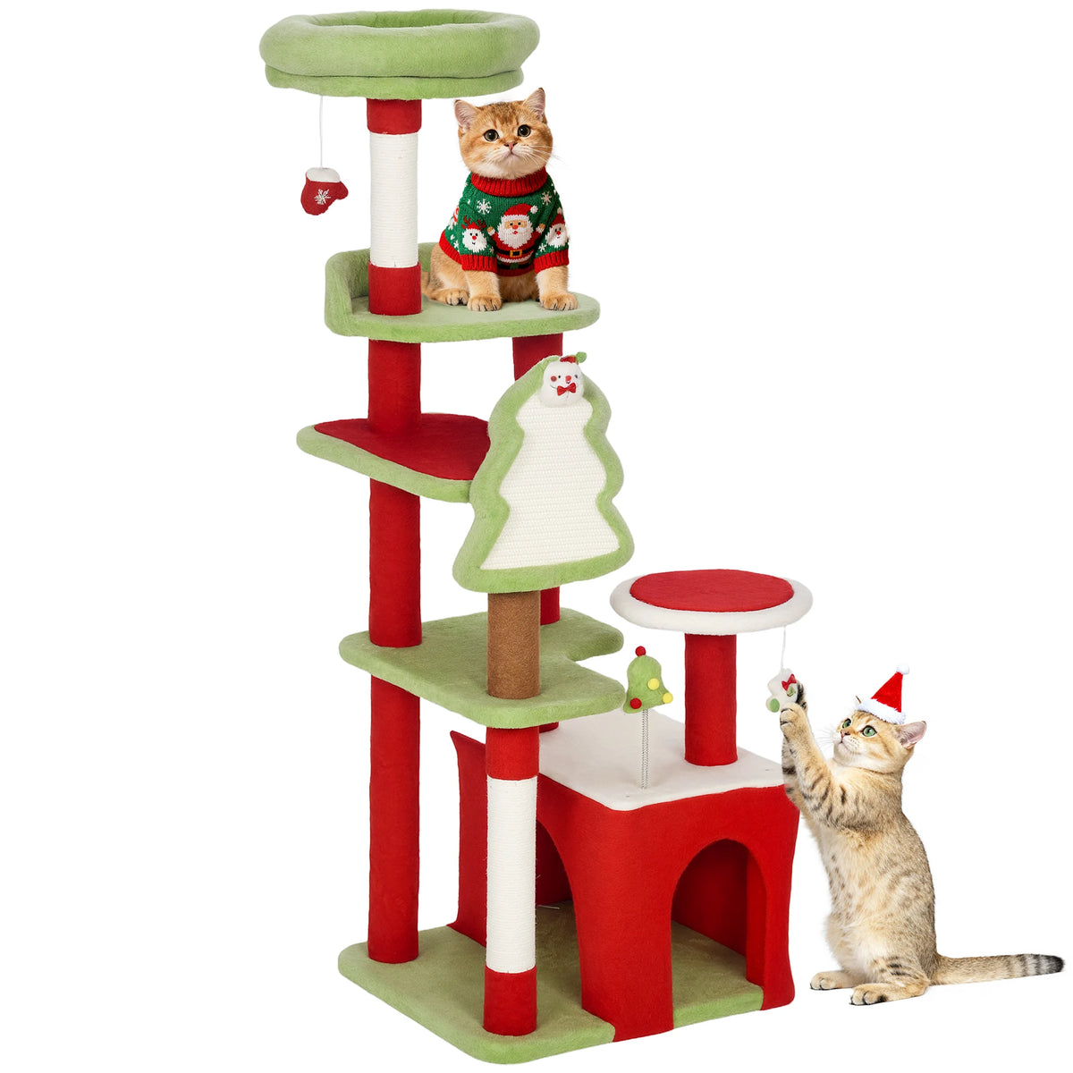 Christmas Cat Tree 120cm Festive Cat Tower with 3 Sisal Scratching Posts Condo Perch and Hanging Toys