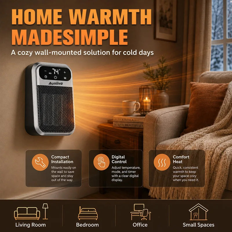Plug-in Wall Heater with Remote Control, Compact Electric Heater for Home and Office
