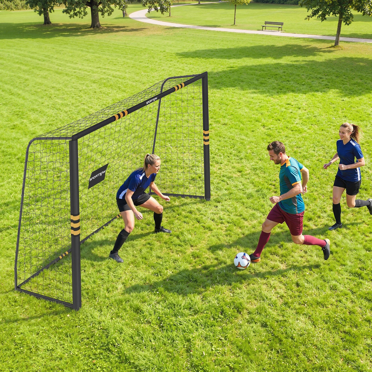 10 x 6.5ft Football Goal with Net, Ground Stakes and EPE Padding, Black and Yellow