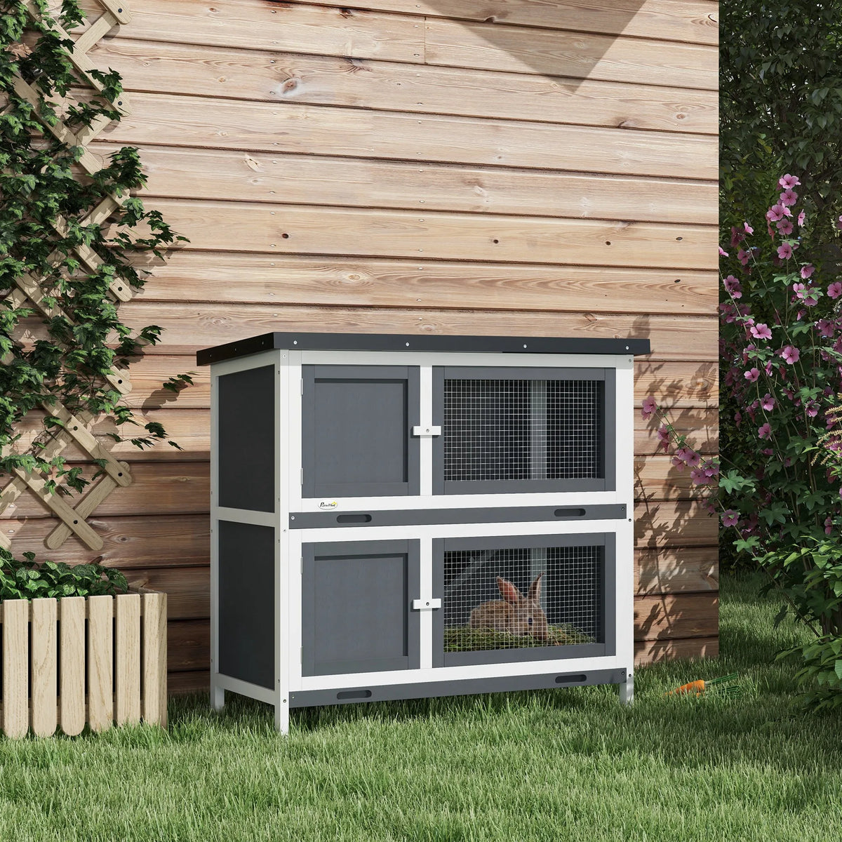 Two-Tier Wooden Rabbit Hutch with Ramp, Slide-Out Trays and Openable Roof, Grey