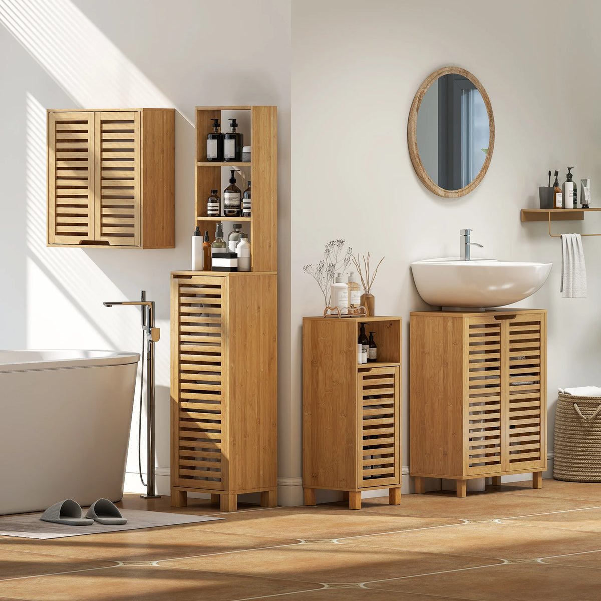 Bamboo Under Sink Bathroom Cabinet with Adjustable Shelf, Natural