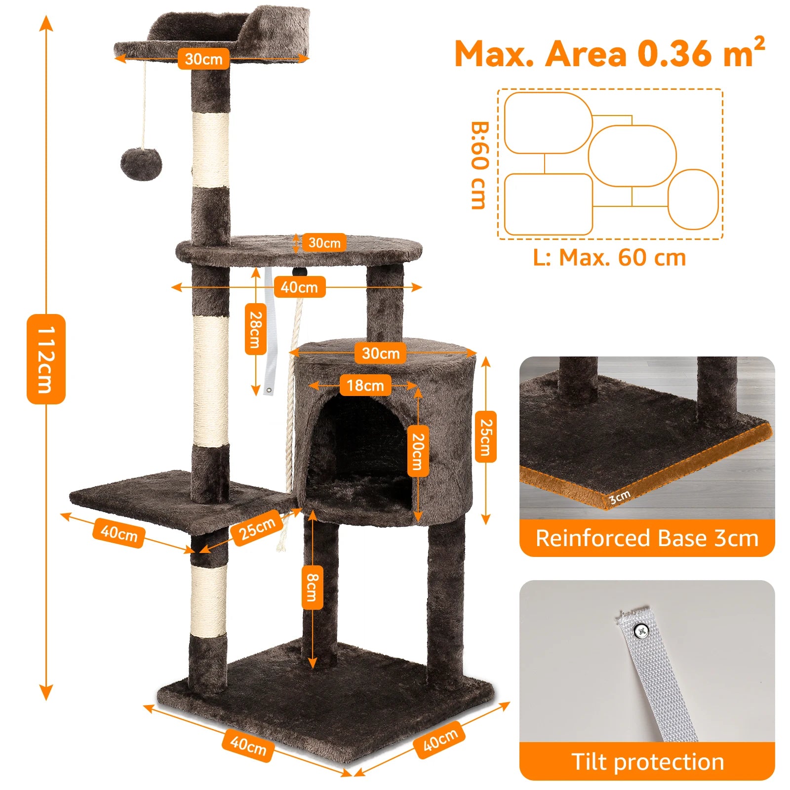 Passerscat Multi-Level Cat Tree 112cm Climbing Frame Scratching Posts Padded Perches Condo Indoor