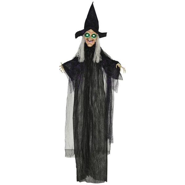 Hanging Witch Prop, Life-Size with Light-Up Eyes and Talking Sound