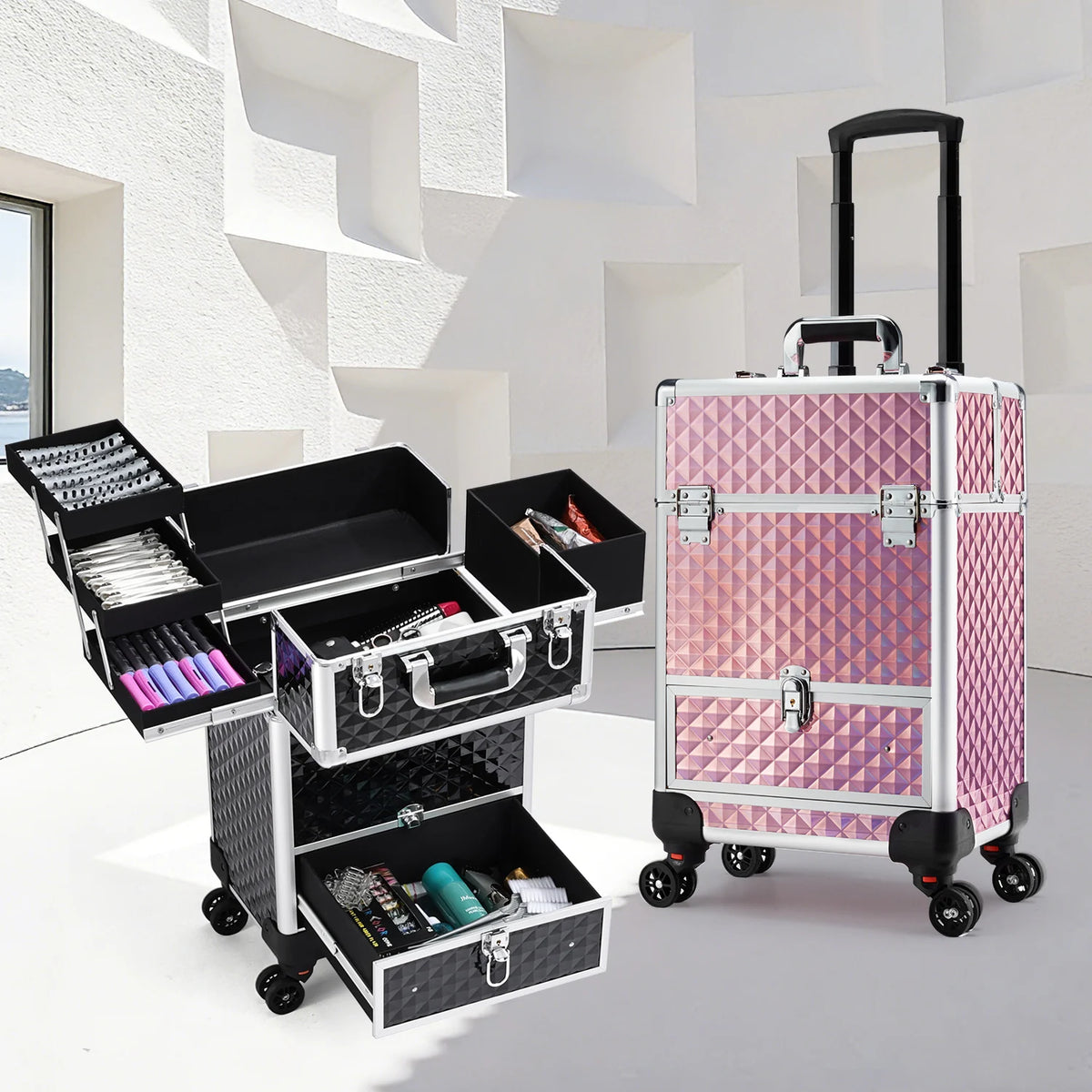 Rolling Makeup Case with Slide Out Drawer and 4 Trays 36-55L PVC Cosmetic Trolley for Salon and Travel