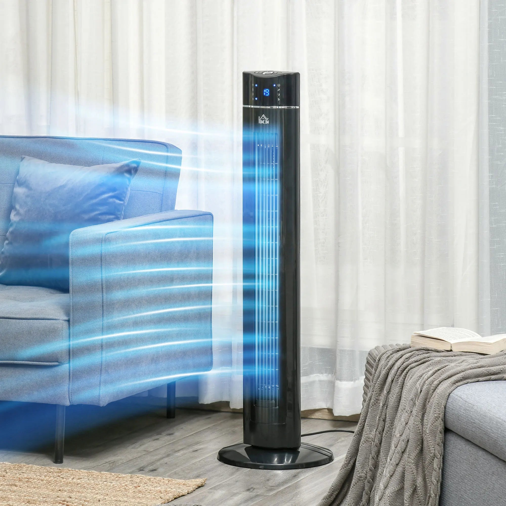 Tower Fan with Anion Function 60° Oscillation 3 Modes Remote Control 8hr Timer LED Display for Bedroom Living Room