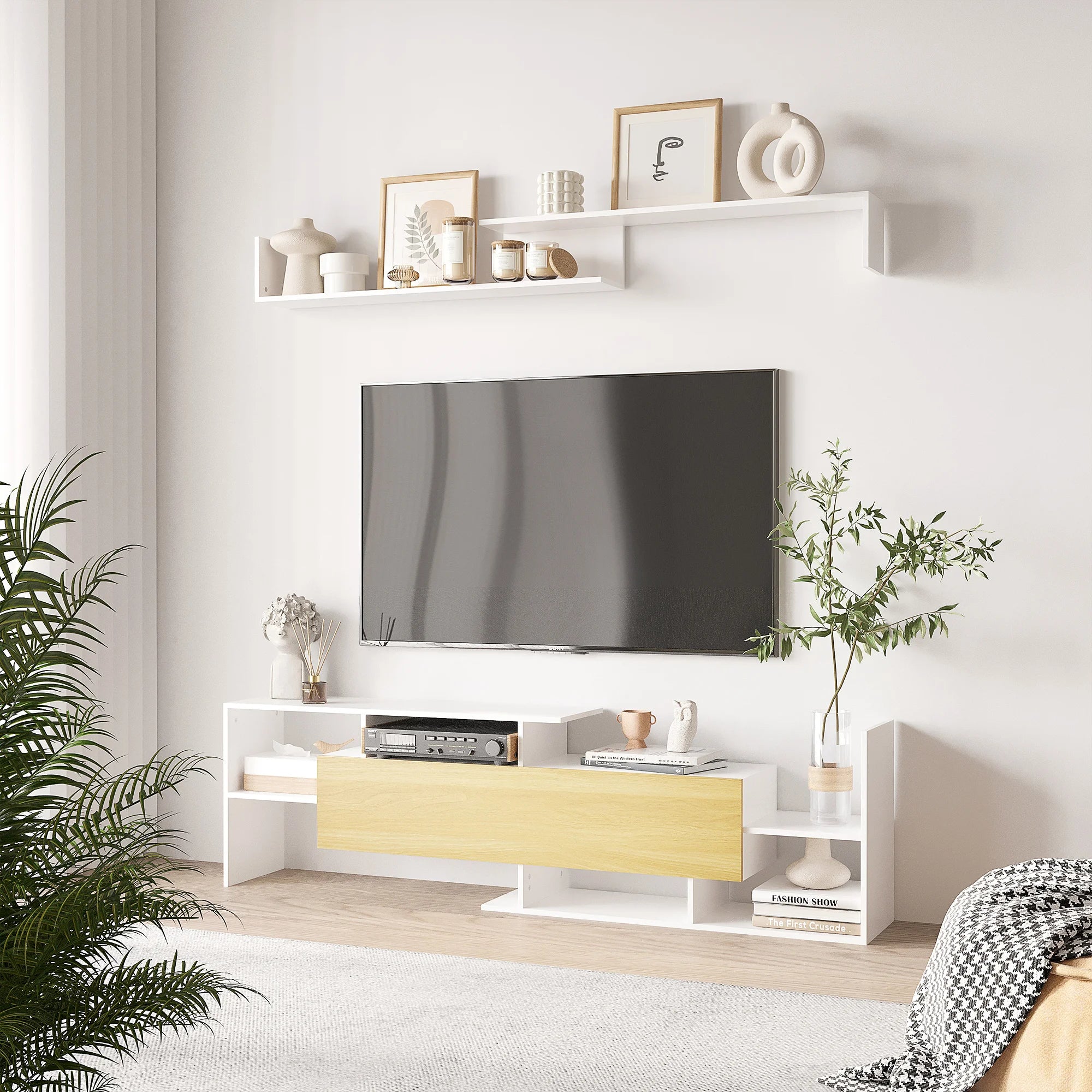 TV Cabinet Unit with Matching Floating Wall Shelf, Open Shelves and Flip-Down Door, White and Natural