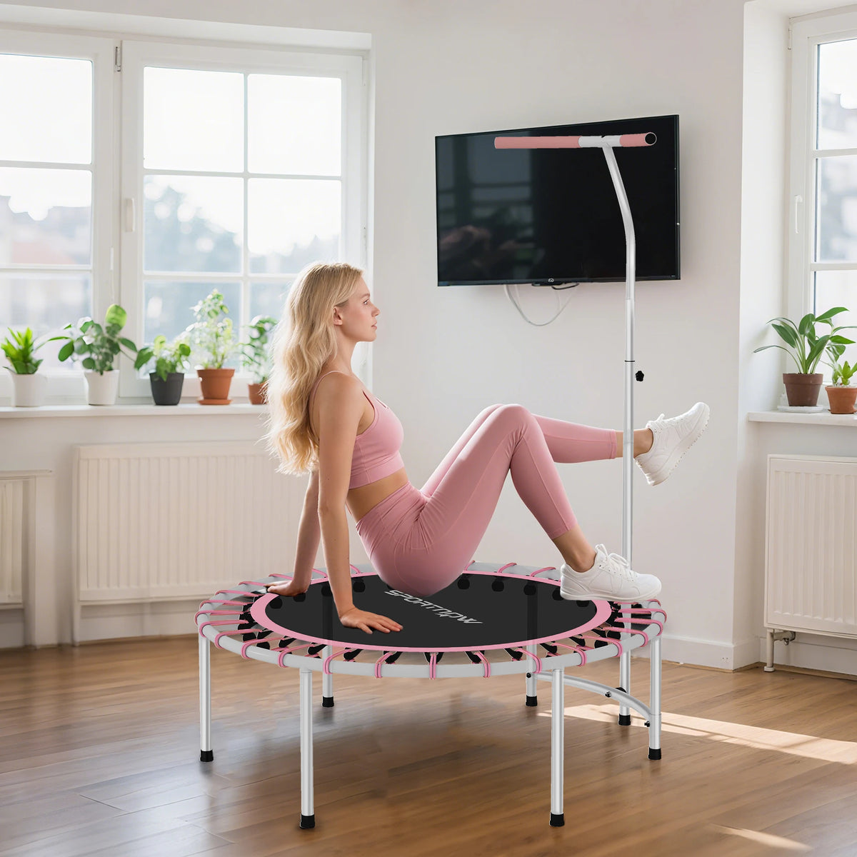 40" Fitness Trampoline, Mini Rebounder Trampoline for Adults with 5-Level Adjustable Handle, Max Load 100KG, Pink
