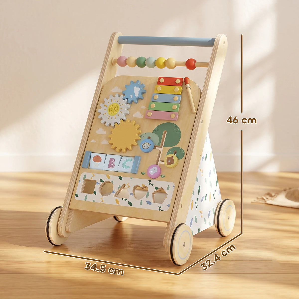 Wooden Baby Walker with Adjustable Wheel Speed, Activity Centre and 5 Blocks