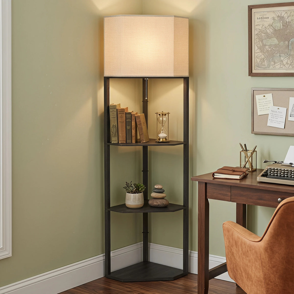 Corner Floor Lamp with 3 Shelves and Fabric Shade, Black