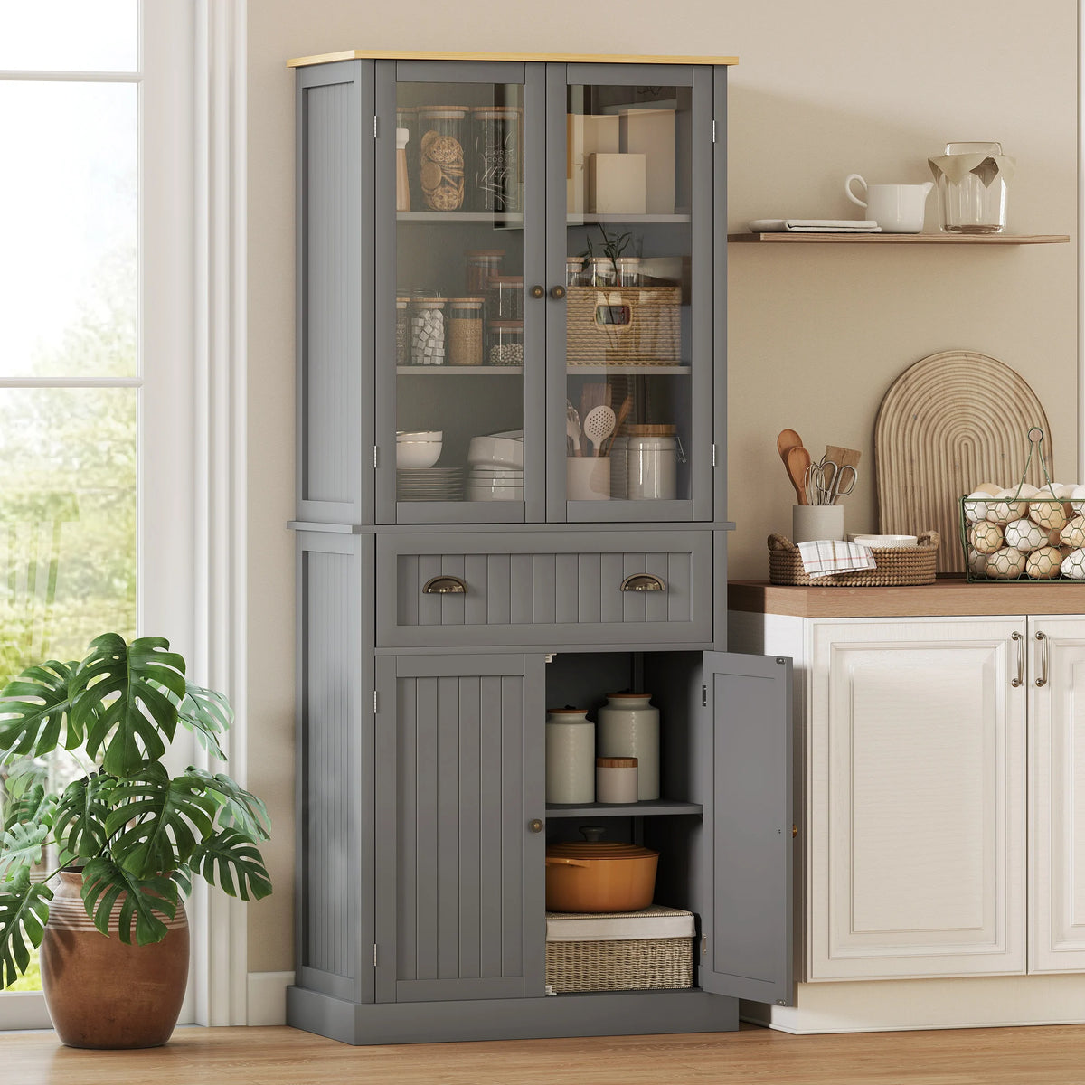 Farmhouse Kitchen Pantry Cupboard with Glass Doors, Drawer and Adjustable Shelves, Grey